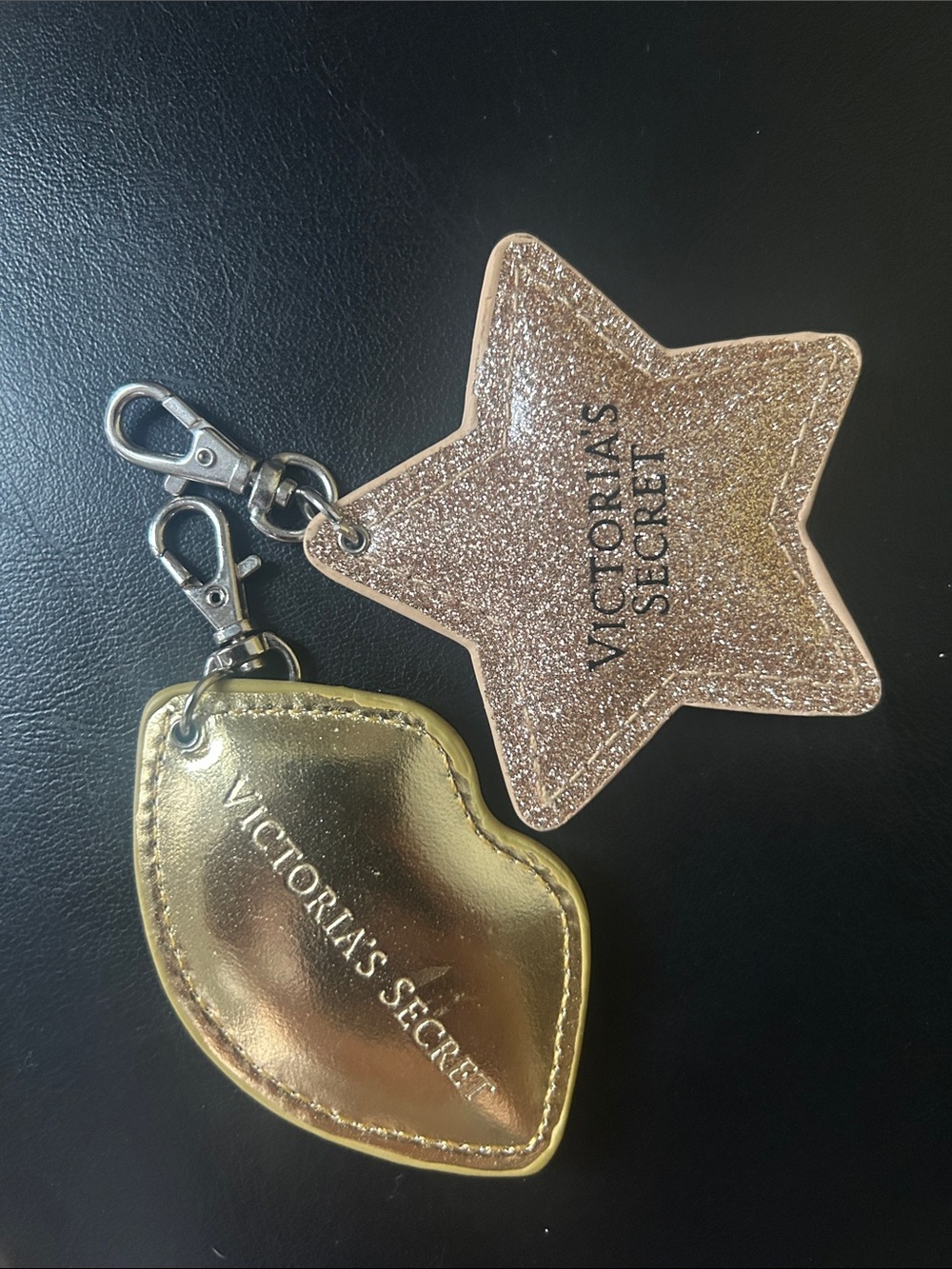 Victoria's Secret Gold Lip & Glitter Rose Star Keychain Duo